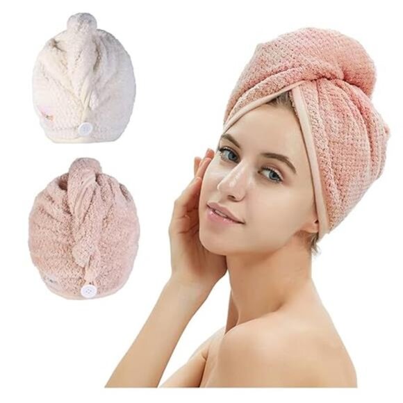 2 Pack Microfiber Hair Towel Wrap,Hair Drying Towel with Button, Towel - Picture 8 of 8